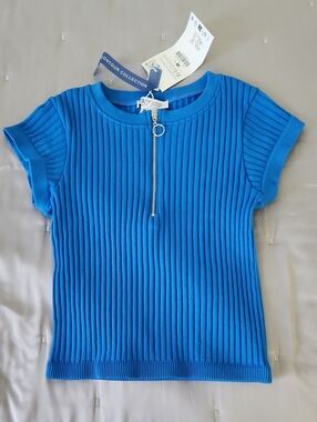NWT Zara Bright Blue Ribbed Short-Sleeve Top with Front Zip Size XS-S